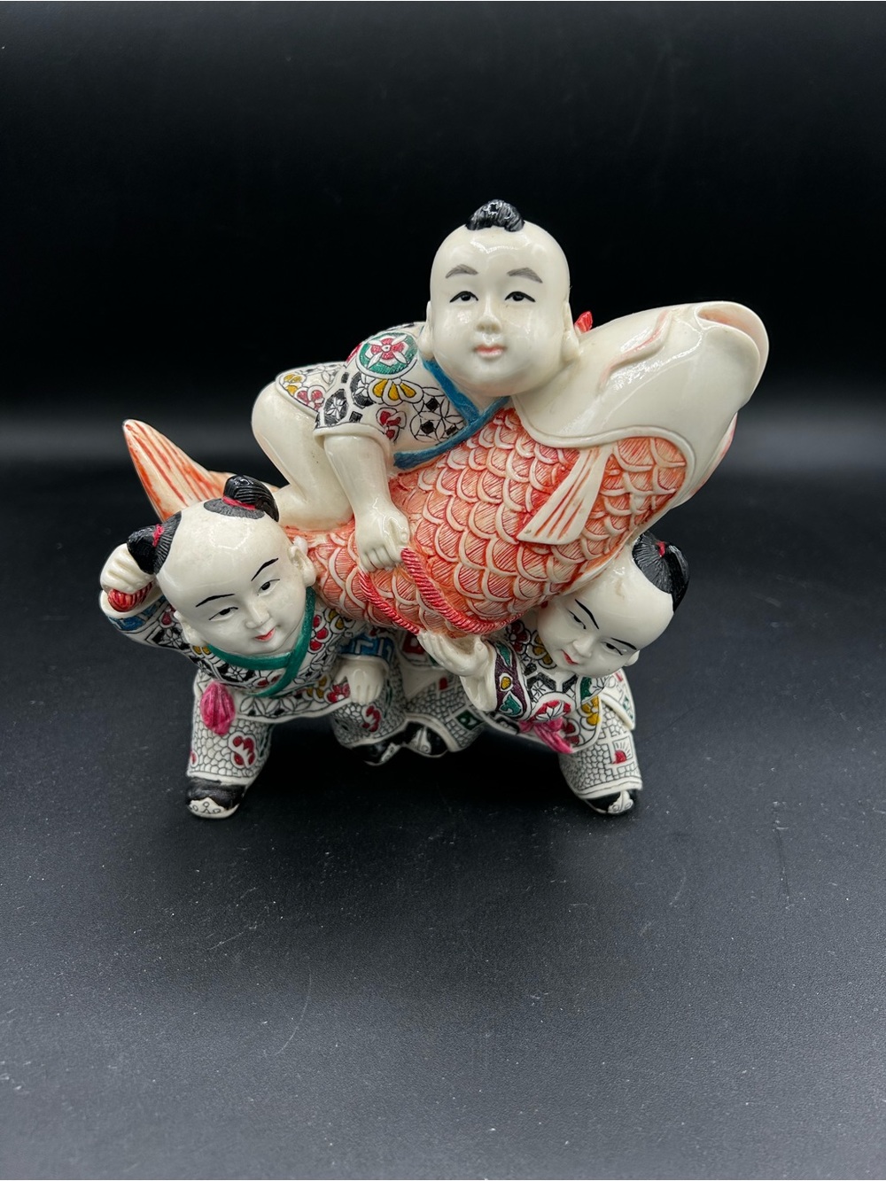 Resin Tri-Child Buddha Figurine with Red-Orange Koi - Decorative Home Accent